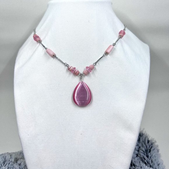 NY Silver Toned 14” Necklace with Pink Tigers Eye Pendant and Beading - Picture 1 of 6